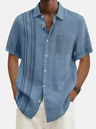 Men's Casual Basic Striped Print Short Sleeve Cotton Linen Shirt