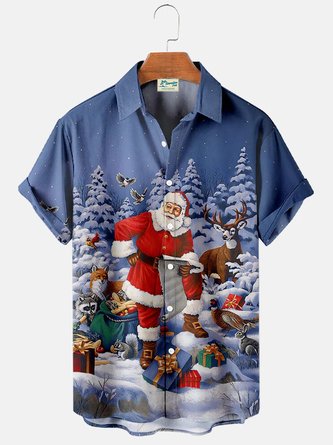  Men's Vintage Christmas Santa Claus Print Hawaiian Shirts Tuckless Botton Up Shirts