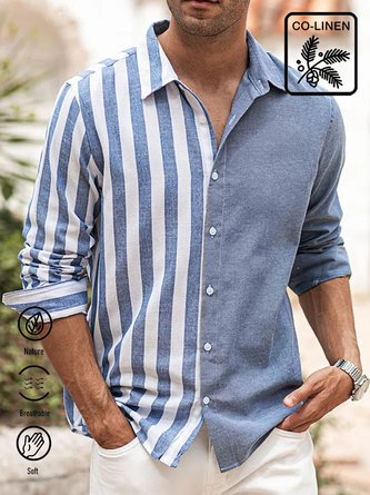 Men's Casual Striped Print Long Sleeve Shirts Cotton Linen Button Up Big and Tall Shirts