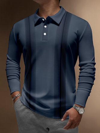 Striped Textured Buttons Long Sleeve Bowling Polo