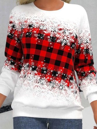 Women Christmas Snowflake Plaid Printed Shift Casual Long Sleeve Sweatshirt