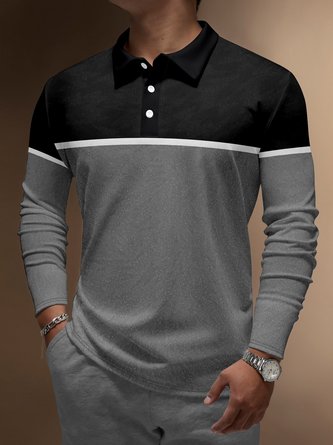 Striped Color-block Buttons Long Sleeve Polo
