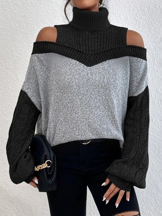 Casual Color Block Turtleneck Sweater tunic