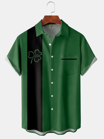 St. Patrick's Day Shamrock Chest Pocket Short Sleeve Bowling Shirt