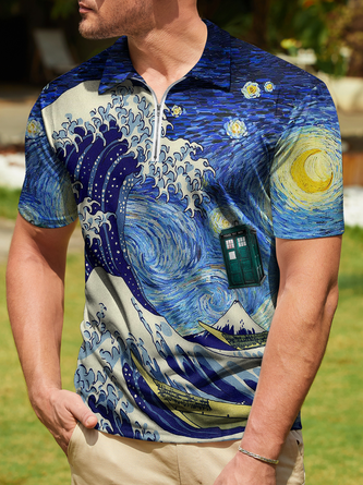 Ukiyo-e and Oil Painting Zip Short Sleeve Polo