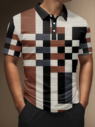 Geometric Check Button Short Sleeve Polo