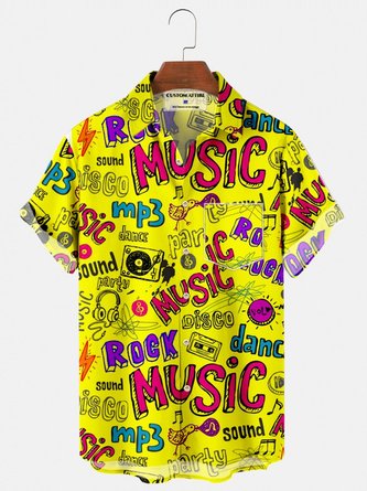 Men's Yellow Music Printing Casual Short Sleeve Shirt