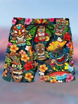 Men's Plus Holiday Hawaiian Beach Pants Tiki Totem Culture Quick Dry Wrinkle Free Plus Size Shorts