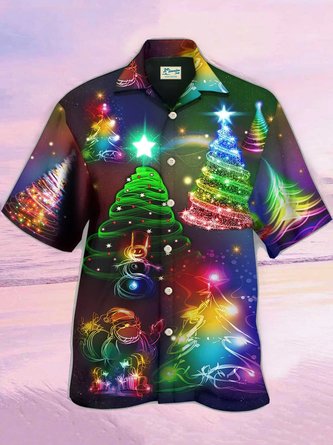 Mens Fun Christmas Pine Tree Print Loose Short Sleeve Shirts