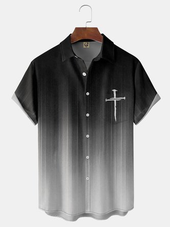 Shading Crucifix Chest Pocket Short Sleeve Shirt
