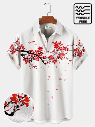  Japanese Retro Casual Men's Shirts Plum Blossom Art Wrinkle Free Seersucker Large Size Hawaiian Shirts