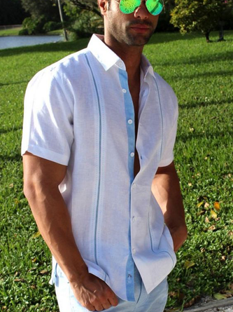 Stripe Contrast Short Sleeve Guayabera Shirt
