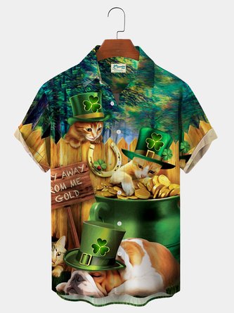 Royaura St. Patrick's Day Cat Casual Holiday Cotton Blend Men's Oversized Short Sleeve Shirt