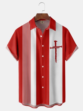 Easter Cross Chest Pocket Short Sleeve Casual  Shirt
