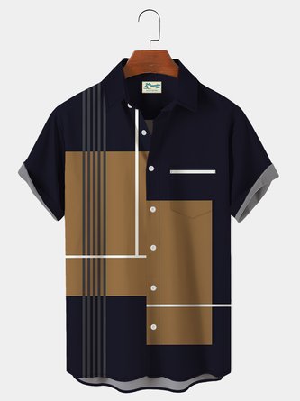 Royaura Vintage Bowling Geometric Color Block Chest Pocket Hawaiian Shirt Plus Size Vacation Shirt