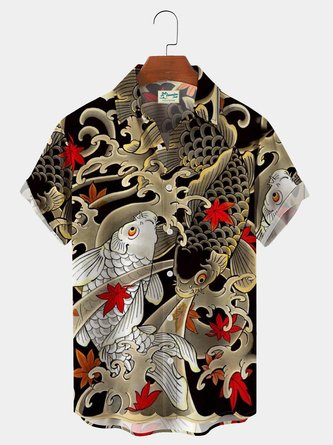 Royaura Vintage Koi Japanese Oriental Ukiyoe Sea Wave Auspicious Cloud Print Shirt Plus Size Holiday Shirt