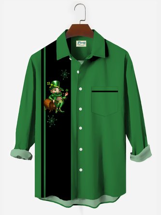  1950s St. Patrick Men's Long Sleeve Bowling Shirts Clover Stripes Cartoon Character Oversized Button Down Shirts