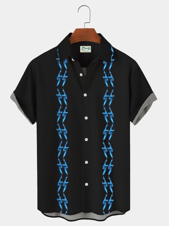 Royaura Vintage Bowling Lightning Neon Chest Pocket Hawaiian Shirt Plus Size Vacation Shirt