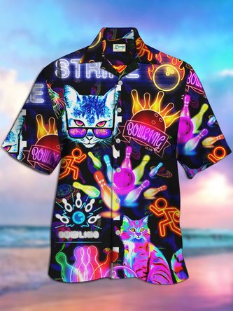 Royaura Vintage Bowling Neon Cat Hawaiian Shirt Plus Size Vacation Shirt