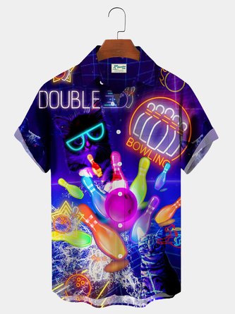 Royaura Casual Bowling Neon Cat Chest Pocket Hawaiian Shirt Plus Size Vacation Shirt