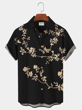 Royaura Vintage Gold Floral Breast Pocket Hawaiian Shirt Oversized Vacation Shirt