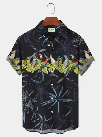 Royaura Vintage Parrot Tropical Leaf Breast Pocket Hawaiian Shirt Plus Size Vacation Shirt