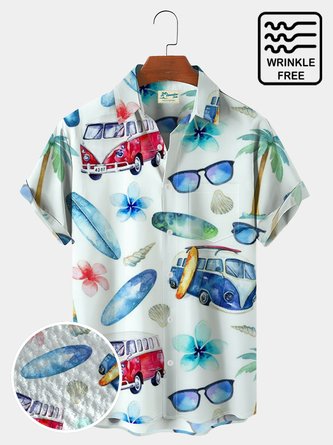 Royaura Beach Surf Sightseeing Bus Breast Pocket Hawaiian Shirt Plus Size Vacation Wrinkle Free Shirt
