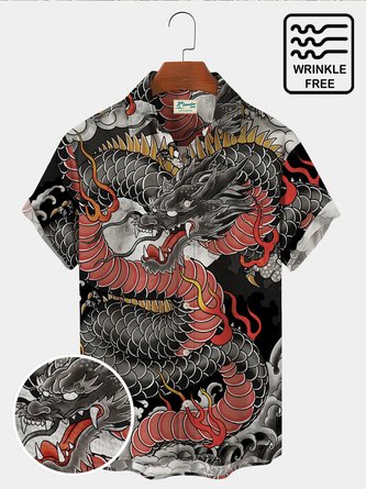 Royaura Vintage Japanese Dragon Men's Hawaiian Shirts Ukiyo-e Art Wrinkle Free Seersucker Large Size Aloha Shirts