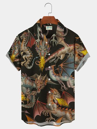 Royaura Vintage Western Dragon Dragon Spitfire Print Chest Pocket Vintage Shirt Plus Size Print Shirt