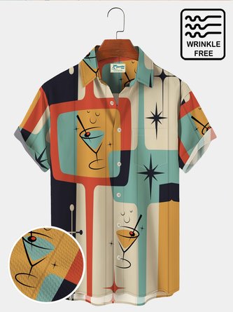  1960s Vintage Mid-Century Geometric Men's Hawaiian Shirt Cocktail Art Wrinkle Free Seersucker Oversized Aloha Shirts
