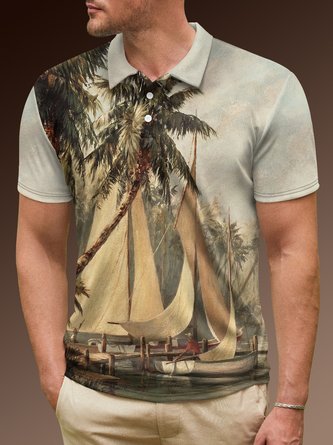 Ombre Oil Painting Coconut Tree Short Sleeve Polo Shirt