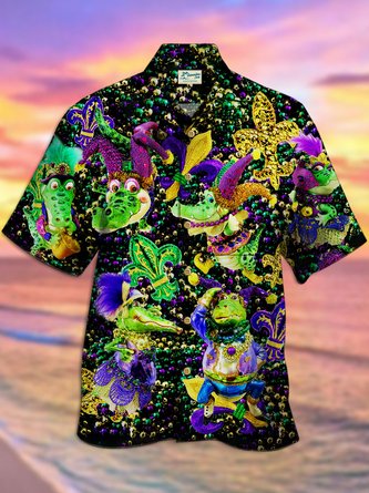 Royaura Mardi Gras Holiday Men's Hawaiian Shirts Dinosaur Cartoon Casual Stretch Oversized Button Aloha Shirts