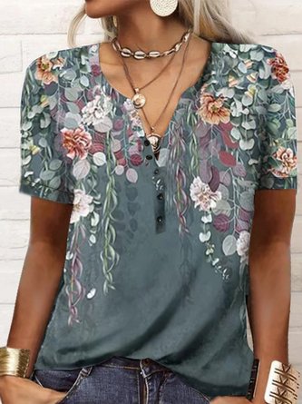 Women Floral Short Sleeve Shift Casual Shirts & Tops