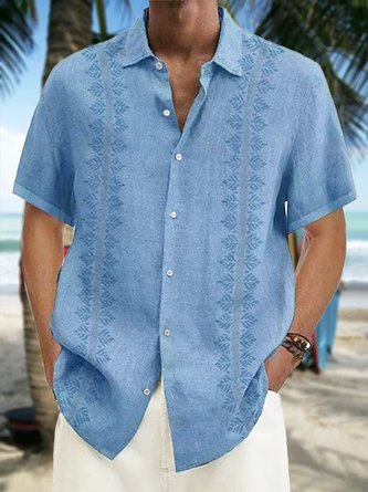 Men's Vintage Fern Stripe Print Cotton Linen Short Sleeve Bowling Shirt