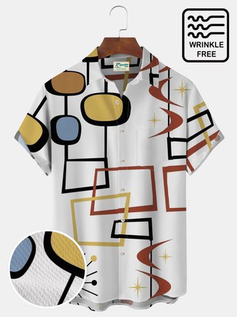 Royaura Medieval Festival Geometric Art Men's Hawaiian Shirts Oversized Stretch Wrinkle Free Seersucker Aloha Shirts