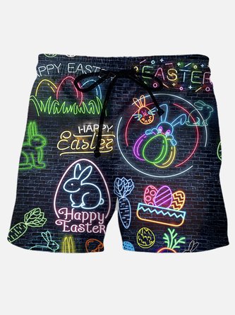 Royaura Casual Easter Egg Men's Hawaiian Board Shorts Neon Bunny Nightclub Oversized Stretch Quick Dry Shorts
