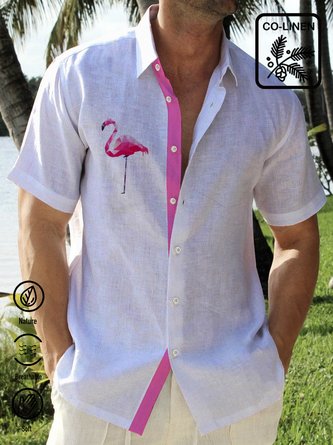  White Cotton Linen Flamingo Print Chest Bag Hawaiian Shirt Plus Contrast Shirt