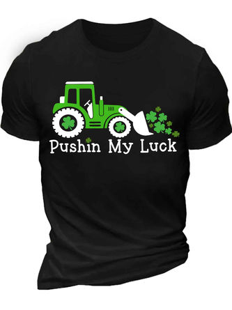 Men's Pushin My Luck St. Patrick's Day Funny Graphic Printing Text Letters Cotton Casual T-Shirt