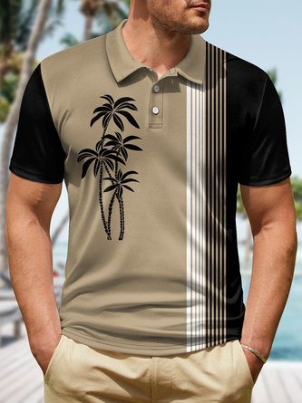 Men's Coconut Tree Vacation Style Tropical Hawaii Striped Art Print Polo Collar Urban Polo Shirt