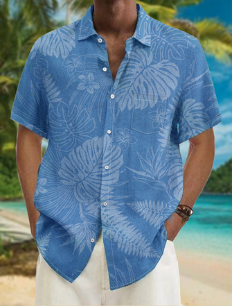 Hawaiian Botanical Print Chest Pocket Short-Sleeve Casual Shirt