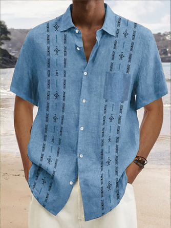 Stripe Chest Pocket Short Sleeve Casual Bowling Shirt