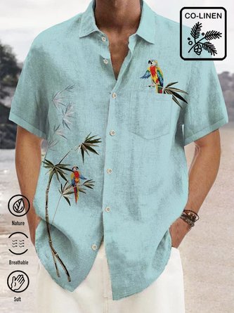  Green Linen Cotton Parrot Print Chest Bag Vintage Shirt Plus Size Shirt