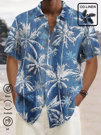  Linen Hawaiian Coconut Tree Blue Print Chest Bag Shirt Plus Size Holiday Shirt