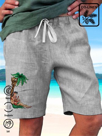  Cotton Linen Comfortable Breathable Coconut Tree Vacation Beach Hawaiian Big & Tall Aloha Shorts