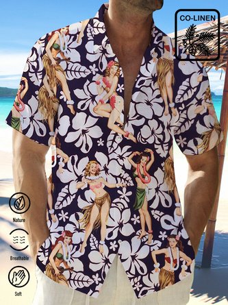  Cotton Linen Floral Beauty Print Men's Vacation Beach Hawaiian Big & Tall Aloha Shirt