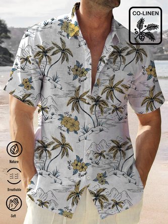 Beach Vacation Ramie Cotton Coconut Trees Men's Hawaiian Lsland Flower Shirt  Plus Size Aloha Shirts