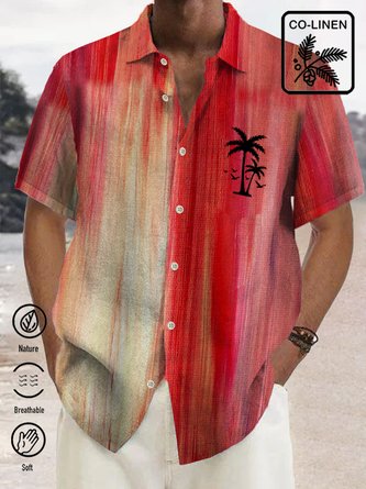  Cotton Linen Gradient Coconut Tree Vintage Button Shirt Plus Size Shirt
