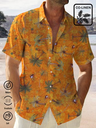 Beach Vacation Coconut Trees Ramie Cotton Pineapple Coconut Men's Hawaiian Shirt  Plus Size Aloha Shirts