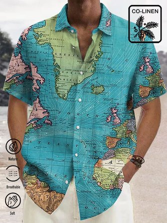 Cotton Linen Navigation Map Retro Men's Plus Size Shirt