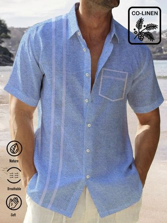 Cotton Linen Blue Stripe Basic Men's Button Pocket Plus Size Shirt